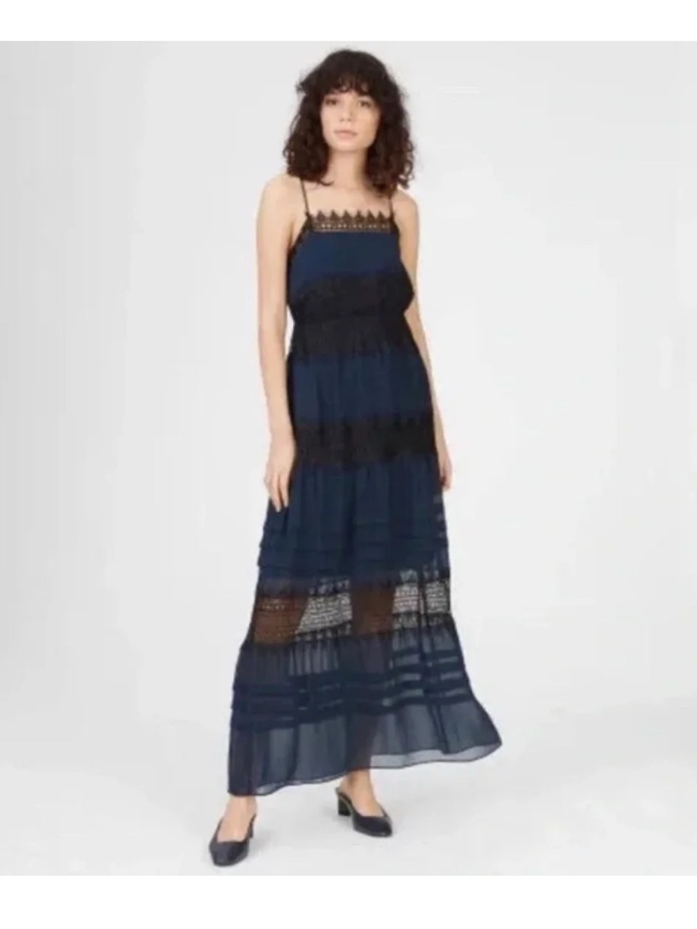 Club Monaco Galadreyel Navy Black Lace Tiered Maxi Slip Dress Size 4